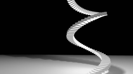 high spiral staircase in an abstract space illuminated with bright light. side view 3d illustration. Concept of Success Climbing and Finding Yourselfの写真素材