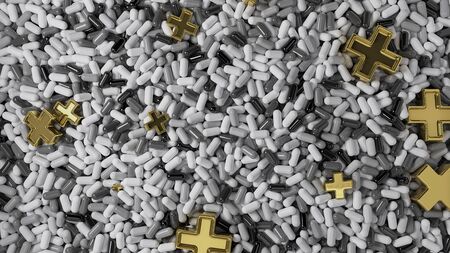 Heap of medicine tablets. Background made from pills or capsules in white and gray colors with...