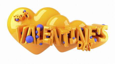 Happy Valentines Day letteing with three hearts behind in popular lush lava and phantom blue colors made of plastic or painted metal. 3d illustration isolated on whiteの写真素材