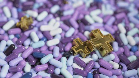 Heap of medicine tablets. Background made from pills or capsules in violet tint colors with medical...