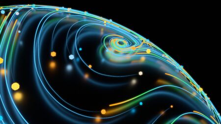 Neon glowing twisted cosmic lines on the surface of the planet. Beautiful swirls, bright turbulence curls reflected on the sphere. Fluid and smooth astronomy vortex structure. 3d rendering Abstract creative modern wide background isolated on black backgroundの写真素材