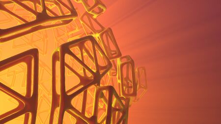 Abstract 3d rendering concept of high poly sphere with chaotic mesh grid cellular mulecular structure. Sci-fi background with polygonal shape in empty space with light god rays. Futuristic design bio medicine illustrationの写真素材