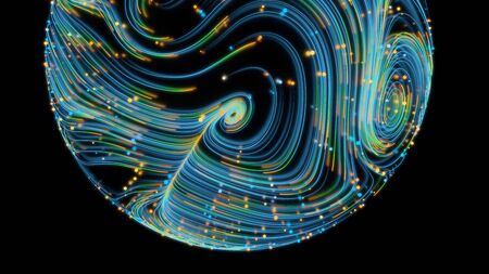 Neon glowing twisted cosmic lines on the surface of the planet. Beautiful swirls, bright turbulence curls reflected on the sphere. Fluid and smooth astronomy vortex structure. 3d rendering Abstract creative modern wide background isolated on black background.の写真素材