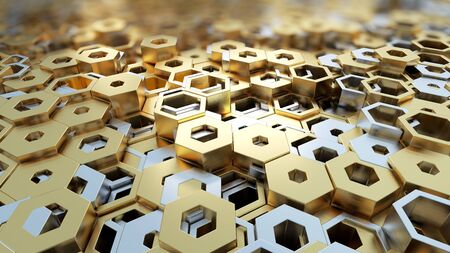 Abstract 3d illustration wall background. White and shiny Hexagonal structure Selective focus macro shot with shallow DOFの写真素材