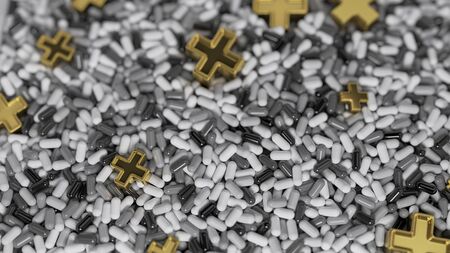 Heap of medicine tablets. Background made from pills or capsules in white and gray colors with medical sign in shape of cross made by gold. 3d illustrationの写真素材