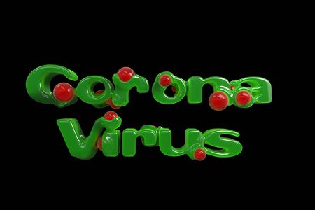 Coronavirus inscription made by green flesh and red drops of blood. 3d illustration. Concept of...