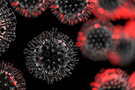 Coronavirus molecules distributed over the frame field. Microscopic photography. The concept of the...