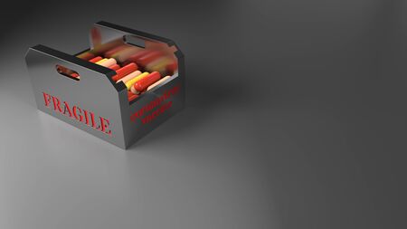 Modern metal box with a coronavirus vaccine on a gray background. Medicine and drug concept 3d...