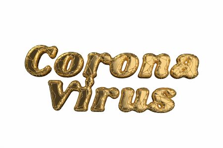 Gold inscription coronavirus flying in the air. Medicine and drug concept 3d illustration isolated on white backgroundの写真素材