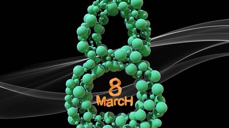 8 March symbol. Figure of eight made of green spheres flying in the space over white smoke. Can be...