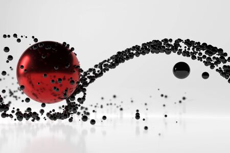 Abstract stream of black glossy spherical particles reflected from a large red metal sphere. Scifi 3d illustration with copyspaceの写真素材