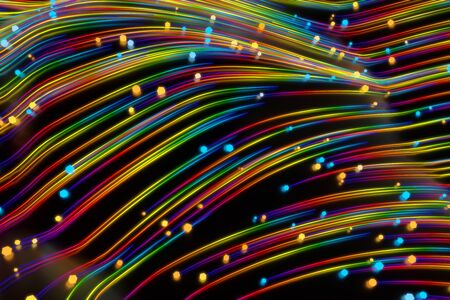 Neon glowing twisted cosmic lines on the glossy surface. Turbulence curls flow colorful motion. Fluid and smooth astronomy vortex swirl structure. 3d rendering Abstract creative modern background.の写真素材