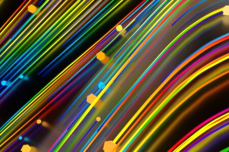 Neon glowing twisted cosmic lines on the glossy surface. Turbulence curls flow colorful motion. Fluid and smooth astronomy vortex swirl structure. 3d rendering Abstract creative modern background.の写真素材