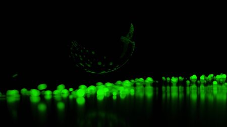 Abstract stream of spherical particles reflected from a large black circular sphere. Paricles are...