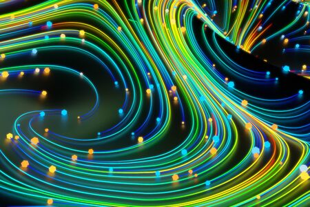 Neon glowing twisted cosmic lines on the glossy surface. Turbulence curls flow colorful motion....