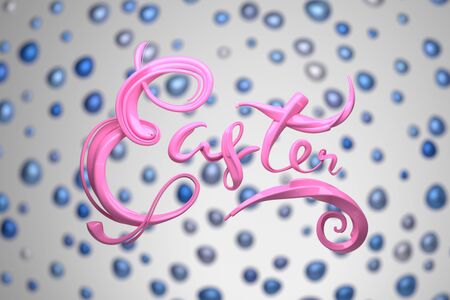 Happy Easter background with lettering decorated by colorfull eggs. Invitation realistic 3d illustration greeting card, ad, promotion, poster, flyer, web-banner, article, social mediaの写真素材