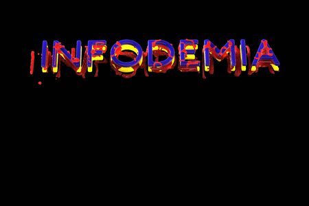 Infodemia lettering concept about pandemia and false information with coronavirus covid-19. 3d illustration isolated on black background with copyspaceの写真素材