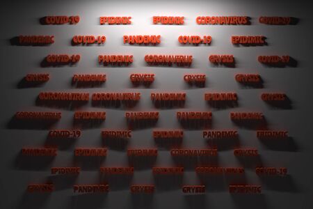 Coronavirus inscription presswall. Epidemic condition 3d illustration