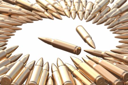 Golden bullets AK-47 cartridges laying on the white background in shape of circle. Danger hunt firearm concept 3d illustrationの写真素材