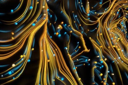 Neon glowing twisted cosmic lines on the glossy surface. Turbulence curls flow colorful motion....