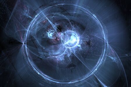 Neon glowing lines and shapes flying in the space. Geometric sci-fi structure. Abstract creative...