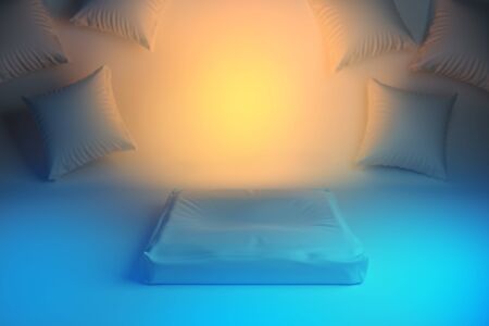 Stay at home concept with copyspace. Self isolation Coronavirus COVID-19. Epidemic condition 3d illustration with room and pillowsの写真素材