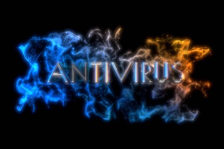 Antivirus text about Coronavirus COVID-19. Made by steel and flying particles. Medicine concept isolated on black background 3d illustration. Selective focus macro shot with shallow DOFの写真素材