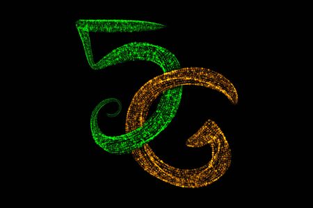 5g abstract luminous hologram made of multicolored particles isolated on black background. New...