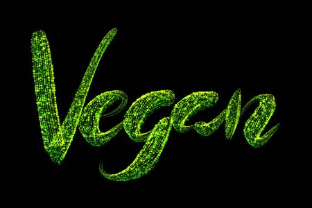 Vegan word lettering made of multicolored luminous circles isolated on black background.