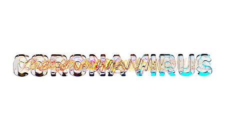 Coronavirus COVID-19 lettering Made by glass and flying particles. Medicine concept isolated on white background 3d illustrationの写真素材