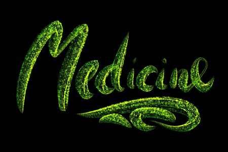 The word medicine is made of glowing green particles on a black background. Concept of healthcareの写真素材