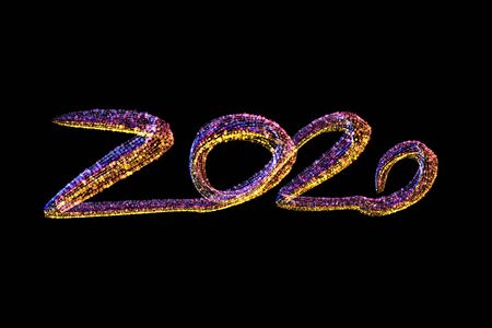 Happy new year 2020 isolated numbers lettering written by colorful confetti particles. Isolate on black backgroundの写真素材