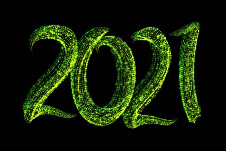 Happy new year 2021 isolated numbers lettering written by green particles. Isolate on black backgroundの写真素材