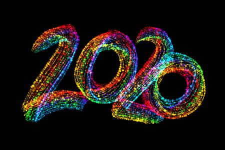 Happy new year 2020 isolated numbers lettering written by colorful confetti particles. Isolate on black backgroundの写真素材