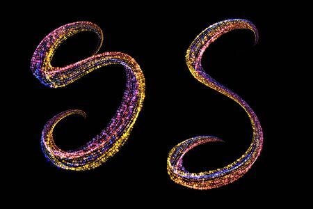 S - handwritten 2 capital letters made of multicolored luminous circles isolated on black background. Part of Alphabet seriesの写真素材