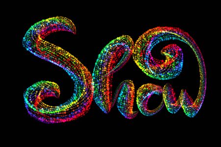 Show word text logo made by colorful confetti parcles, beautiful typography suitable for brochure banner design isolated on black backgroundの写真素材