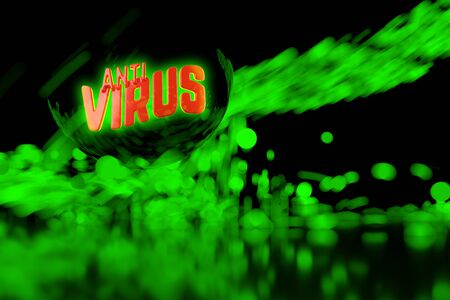 Antivirus text about Coronavirus COVID-19. Made by red plastic over green background full of moving particles. Medicine concept 3d illustrationの写真素材