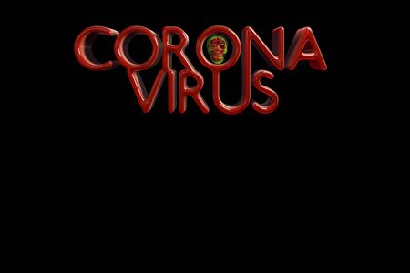 Coronavirus COVID-19 inscription with stylized skull. Epidemic condition SARS-CoV-2. 3d illustration with Copyspace for your text isolated on black backgroundの写真素材