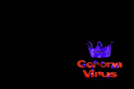 Coronavirus COVID-19 inscription with stylized crown made by violet blood. Epidemic condition SARS-CoV-2. 3d illustration with Copyspace for your text isolated on black backgroundの写真素材