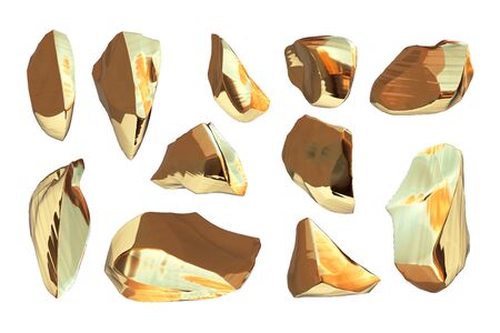 Collection of golden modern shattered nuggets, abstract geometric background. Wealth and Prosperity reach concept. 3d illustration isolated on white background.の写真素材