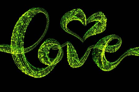 Love word Handwritten lettering written with drawing heart by bright green confetti particles. Isolated on black backgroundの写真素材