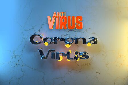 Antivirus text about Coronavirus COVID-19. Made by red plastic over by marble wall. Medicine concept 3d illustrationの写真素材