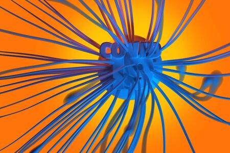Antivirus molecule fight against Coronavirus COVID-19. Made by steel and flying particles. Medicine concept isolated on black background 3d illustrationの写真素材