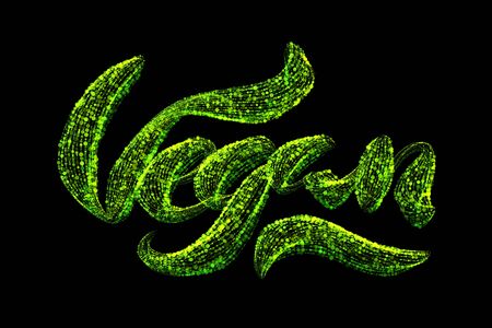 Vegan word inscription lettering made of green luminous circles isolated on black background. Food, dietary and veganism conceptionの写真素材