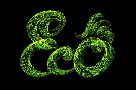 The word lettering Eco made by fresh green bio circles of confetti particles isolated on black background.の写真素材
