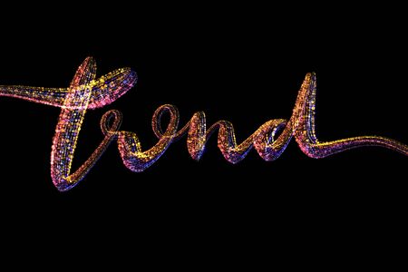 Trend word lettering made by colorful rainbow circles confetti over black backgroundの写真素材