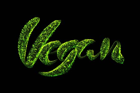 Vegan word inscription lettering made of green luminous circles isolated on black background. Food, dietary and veganism conceptionの写真素材