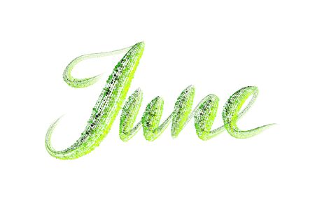 June lettering word written with green luminous particles isolated on white background.の写真素材