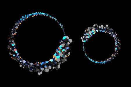 Abstract jewelry circular composition of low poly spheres and polygons in the form of a ring. Mockup frame for your design isolated on black background 3d illustrationの写真素材