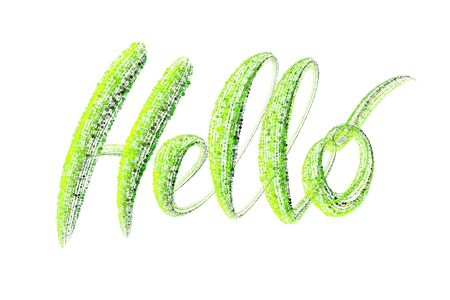 The word Hello is made up of glowing green particles isolated on a white background. Handwritten lettering overlay for your design.の写真素材